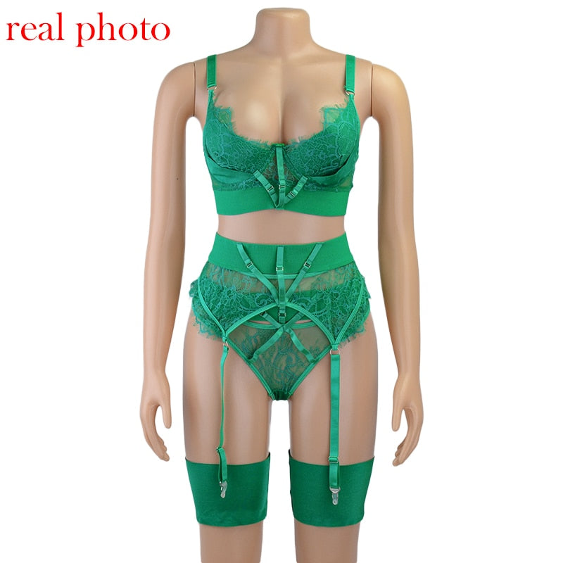 Brskbzda New 3-piece Lace Bra Set Women Mesh Patchwork Chain Sexy Lingerie  Sets Ladies Bow Luxury Neon Green Underwear Set - Bra & Brief Sets -  AliExpress