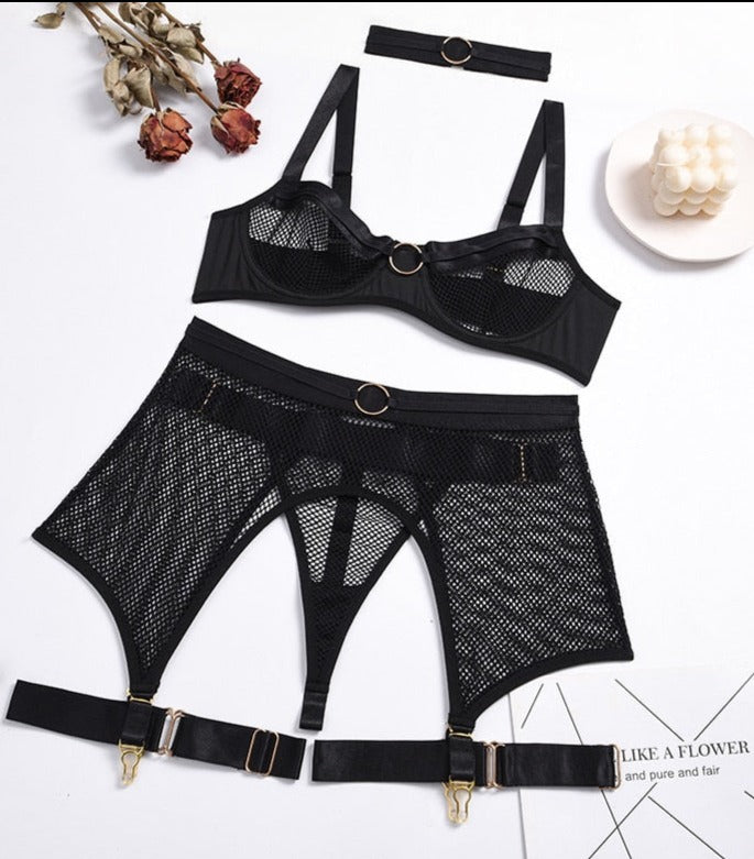 Four-Piece Set Erotic Lingerie Transparent Mesh Bra Underwear and Gart –  Blush Boudoir Boutique